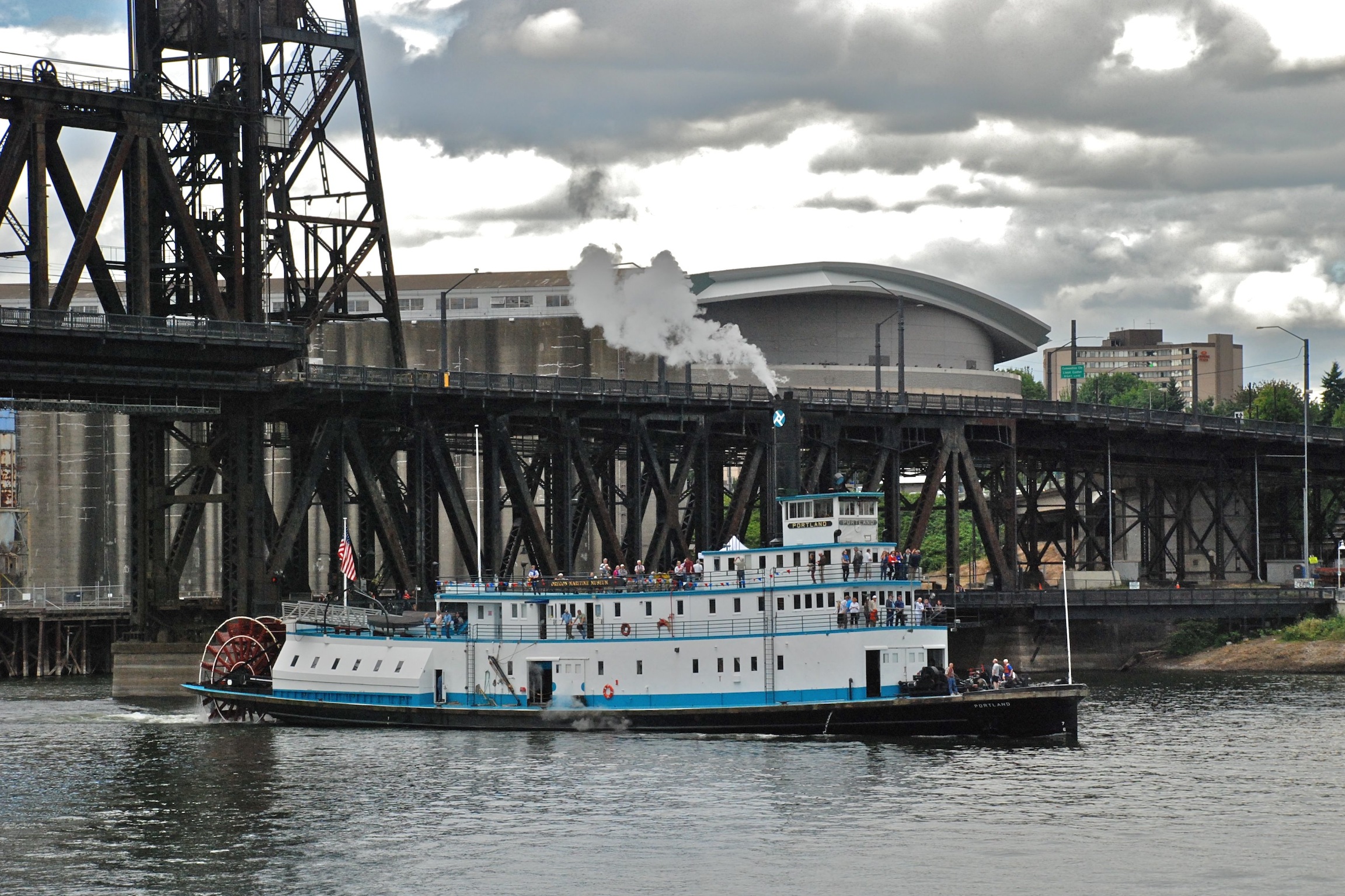 Sternwheel steam tug Portland after passing under Steel Bridge