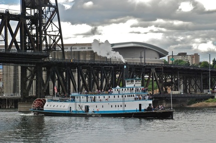 Sternwheel steam tug Portland after passing under Steel Bridge